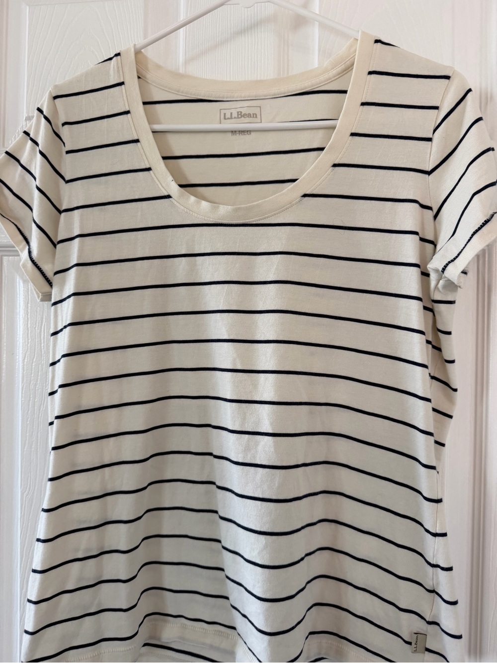L.L. Bean Women's Cream Tee with Black Stripes - Scoop Neck Short Sleeve